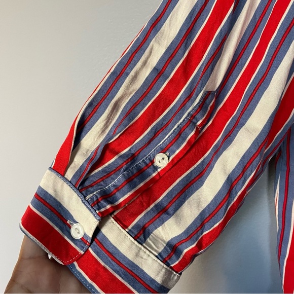 Striped button-up collared peplum shirt red white and blue high-low shirt - Picture 5 of 9